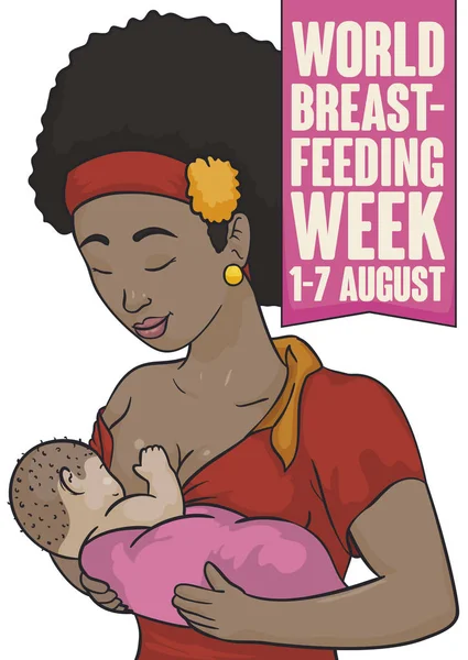 美丽的黑发母亲穿着手帕和花与她的新生儿母乳喂养庆祝世界哺乳周与日期在粉红色丝带 — 图库矢量图片