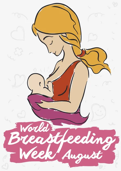 年轻的金发母亲抱着她的婴儿和母乳喂养的水彩效果和概述纪念世界母乳喂养周事件在8月 — 图库矢量图片