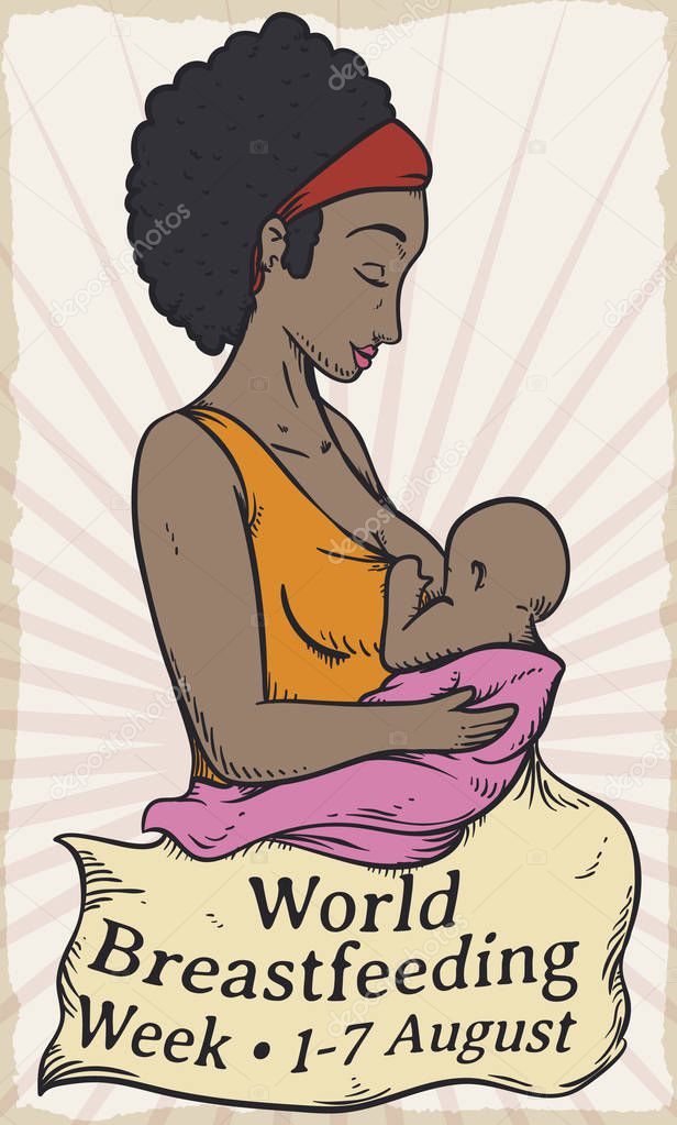 Poster in retro style with beautiful brunette mom with her baby and fabric with greetings celebrating World Breastfeeding Week event.