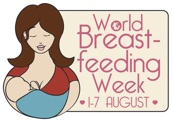在平面和轮廓的海报与母亲和她的婴儿接近纪念标志与提醒日期为世界母乳喂养周事件 — 图库矢量图片