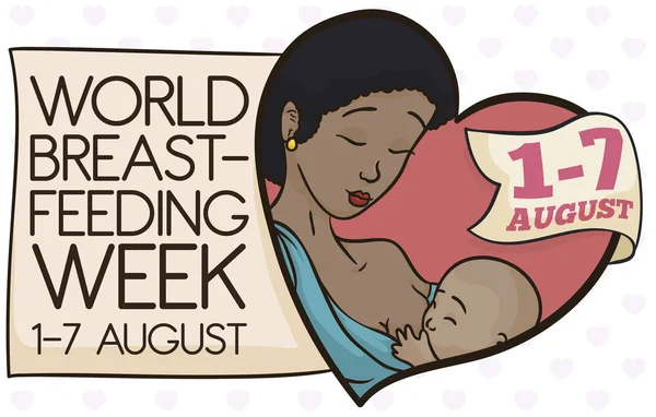 美丽的黑发妈妈 在一个巨大的心脏母乳喂养她的婴儿与问候信息和丝带与世界母乳喂养周庆祝日期 — 图库矢量图片