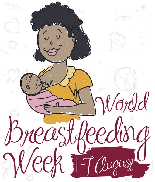 纪念海报与微笑的黑发母亲母乳喂养她的婴儿在涂鸦的方式世界母乳喂养周事件 — 图库矢量图片