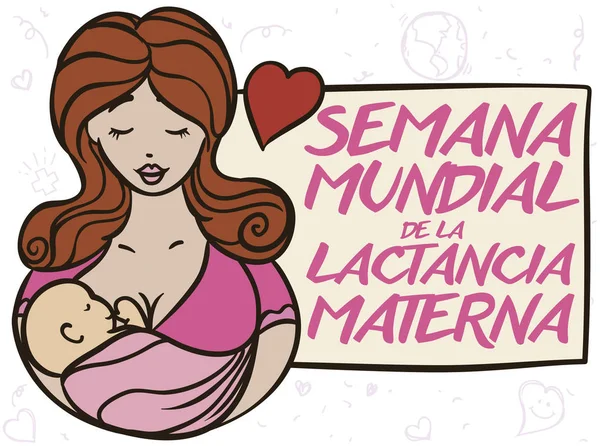 可爱的妈妈母乳喂养她的婴儿促进世界母乳喂养周 用西班牙语写 与问候标志 心脏和涂鸦背景 — 图库矢量图片