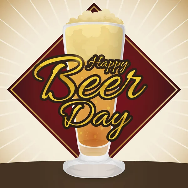 Délicieuse Bière Servie Dans Élégant Verre Pilsner Sur Enseigne Losange — Image vectorielle