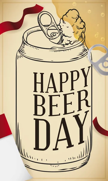 Affiche Rétro Festive Avec Boîte Bière Dessinée Main Papier Feuilles — Image vectorielle