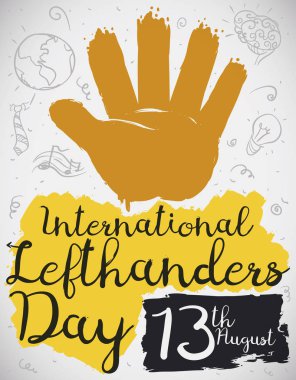 Left hand in brush stroke style over a background with doodles, representing some characteristics of left handed people in International Left Handers Day: intelligence, uniqueness and differences. clipart