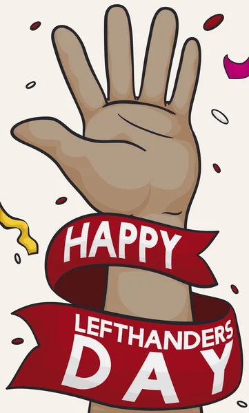 Brunette Left Hand Greeting Ribbon Streamers Confetti Celebrate Happy Left — Stock Vector
