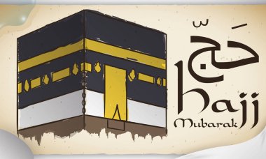 Sulu boya tarzı, ihram veya beyaz bez, su ve taş Müslüman (Arapça hat yazılı) hac için boyalı Kâbe ile bir kaydırma ile banner.