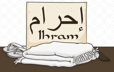 (Kaydırma Arap hat yazılı) geleneksel beyaz ihram giysi, kemer ve hac kutlamak için sandalet.