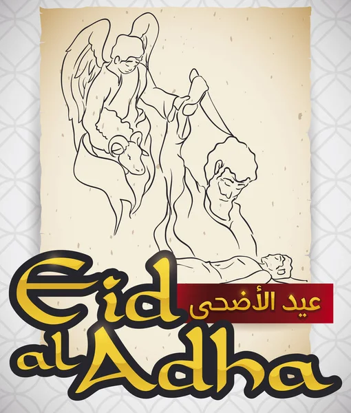 Свиток Религиозным Представлением Происхождении Праздника Аль Адха Написан Арабской Каллиграфией — стоковый вектор