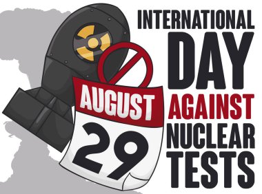 Poster ile atom bombası ve uluslararası gün karşı nükleer testler ve mantar bulutu içinde belgili tanımlık geçmiş için yasak sembolü ve anımsatıcı tarihi ile gevşek yaprak takvim.