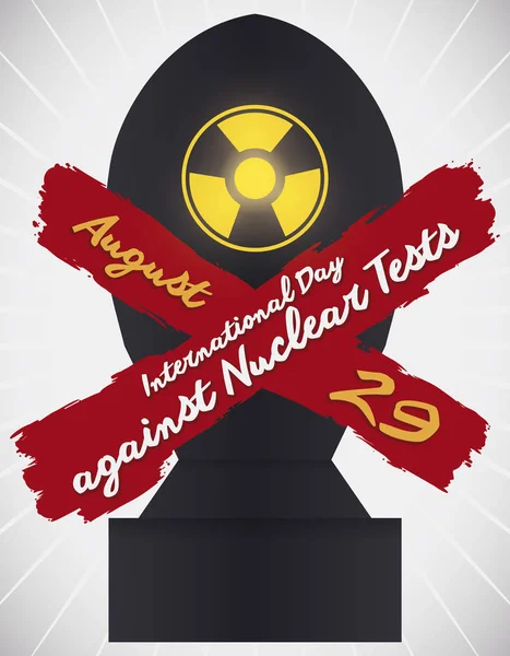 核実験に対して国際日の中に原子力について赤インク付き十字促進する意識と戦争問題禁止原爆シルエット — ストックベクタ
