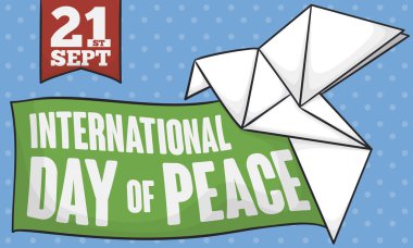 21 Eylül içinde kutlamak için barış sembolü olarak Hatıra banner için anımsatıcı tarihi, üye ve güzel beyaz origami ile yeşil şerit ile uluslararası barış günü güvercin.