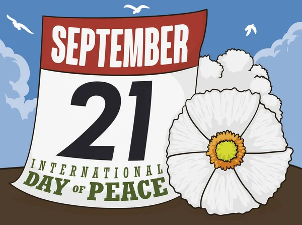 白芥子 景色と 日の国際平和デーを記念していくつかの鳩平和な一日のルーズリーフ カレンダー — ストックベクタ