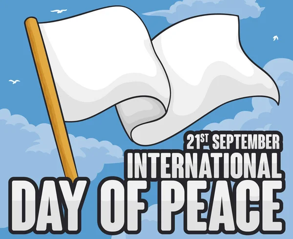 雲と鳩と穏やかな日中の空に手を振っている白い旗を国際平和デー記念ポスター — ストックベクタ