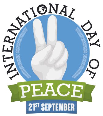 Beyaz eldiven barış hareketi ve 21 Eylül dünya barış günü kutlamak için şerit ile Hatıra yuvarlak düğmesi.