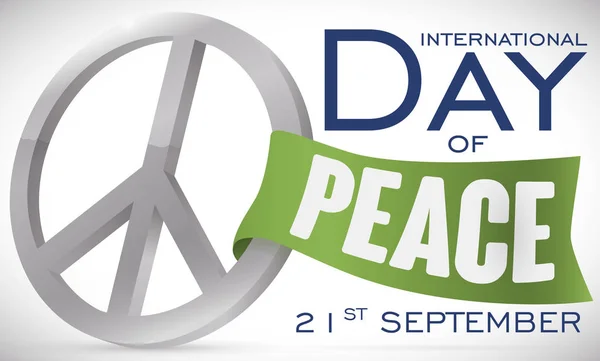 日の国際平和デーを祝うためにメッセージと緑のリボンに添付された銀平和記号とバナーします — ストックベクタ
