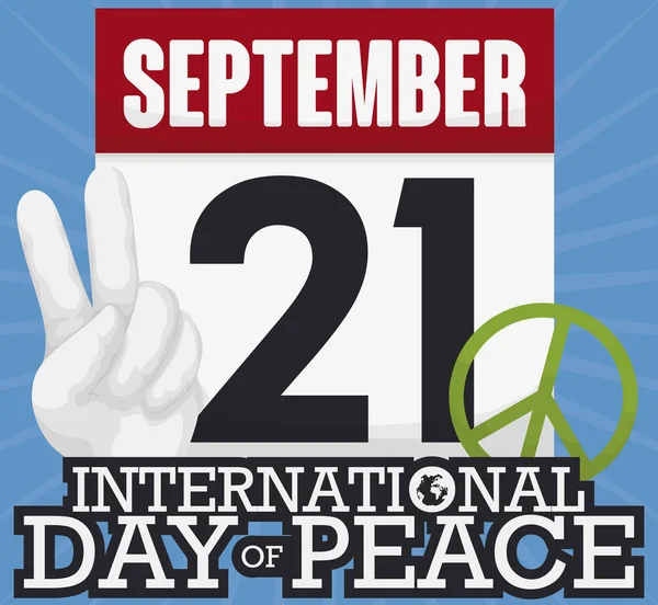 Календарь Листочков Напоминанием Международном Дне Мира Элементами Празднования Жестом Мира — стоковый вектор