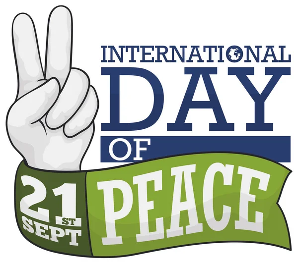 Рука Делает Жест Мира Зеленая Лента Вокруг Отпраздновать Международный День — стоковый вектор
