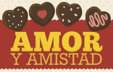 A sevgili bir hediye olarak lezzetli çikolata yürekleri etiket ya da (İspanyolca olarak yazılı gün sevgi ve dostluk kutlama sırasında en iyi arkadaşım).