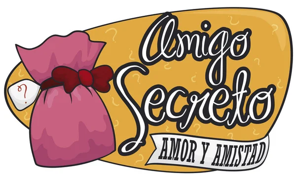 Banner Con Bolsa Rosa Con Lazo Lleno Caramelos Como Regalo — Vector de stock