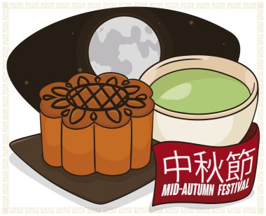 Sonbahar ortası festivali (Çin kaligrafi tebrik şeritte yazılı), dolunay ışığı altında kutlamak için geleneksel tatlı: yeşil çay lezzetli bir mooncake.