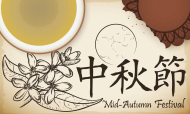Lezzetli mooncake ve cassia Çin kaligrafi sonbahar ortası festivali anlamı ile bir kaydırma dolunay ve tatlı osmanthus çiçek dolu güzel bir çizimde şarap ile bir fincan.