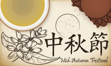 Delicious mooncake and a cup with cassia wine in a beautiful drawing of the full moon and sweet osmanthus flowers in a scroll with Chinese calligraphy meaning Mid-Autumn Festival. clipart