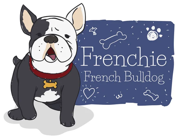 Bouledogue Français Heureux Mignon Avec Signe Style Coup Pinceau Décoré — Image vectorielle