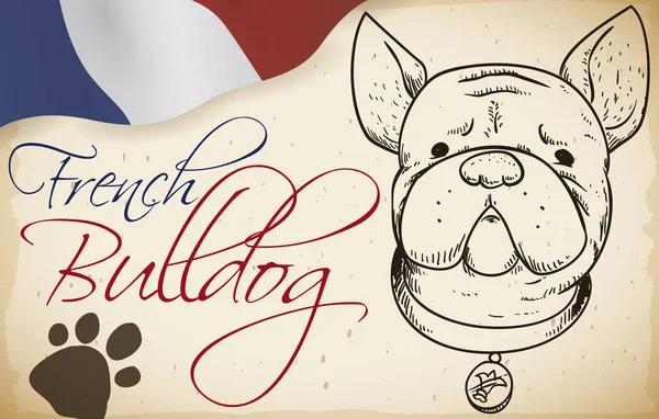 Isänmaallinen Ranskalainen Bulldoggi Muotokuva Käsin Piirretty Tyyli Yli Käärö Ranskan — vektorikuva