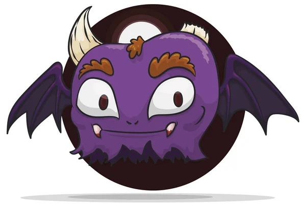 Monstro Roxo Bonito Como Vampiro Sorrindo Com Chifre Quebrado Asas —  Vetores de Stock