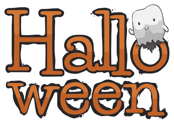Petit Fantôme Souriant Promouvant Célébration Halloween Flottant Sur Panneau Commémoratif — Image vectorielle