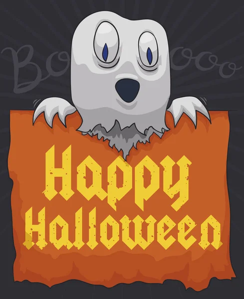 Ylande Spöke Med Skrämmande Uttrycket Hälsning Trasiga Skylt För Halloweenfirande — Stock vektor