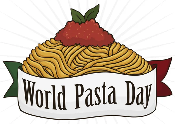 トマトソースと世界パスタの日を記念してイタリア国旗色のリボンの伝統的なスパゲティのレシピ — ストックベクタ
