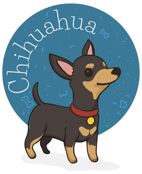 Niedlicher Chihuahua mit rundem Knopf, dekoriert mit Doodles, Vektorillustration — Stockvektor
