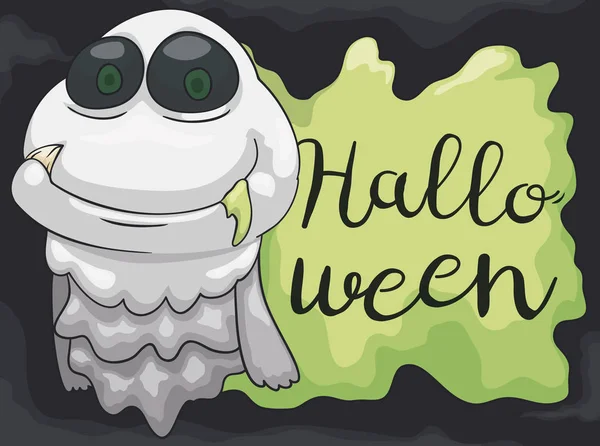 Szczęśliwy Uśmiechający Się Duch Kła Oślizgły Znak Powitania Świętowania Halloween — Wektor stockowy