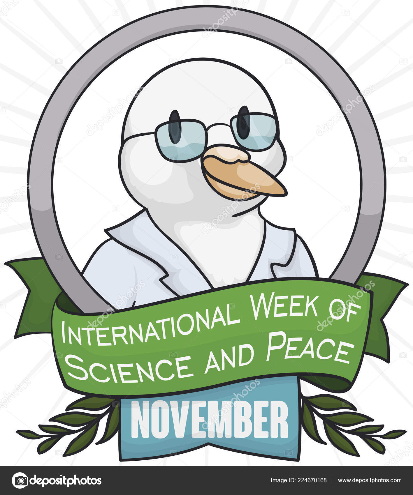 かわいい科学者鳩眼鏡とオリーブの枝と丸いボタンの内部の白衣とリボン