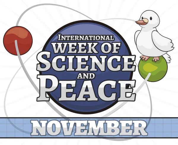 Cute Playful Dove Orbiting Atomic Nucleus Symbol Peace Science Celebration — Stock Vector