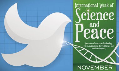 Hatıra afiş ile siluet Dna sarmalı ve yeşil işareti ile uluslararası hafta bilim ve barış kutlama için kare arka plan üzerinde güvercin.