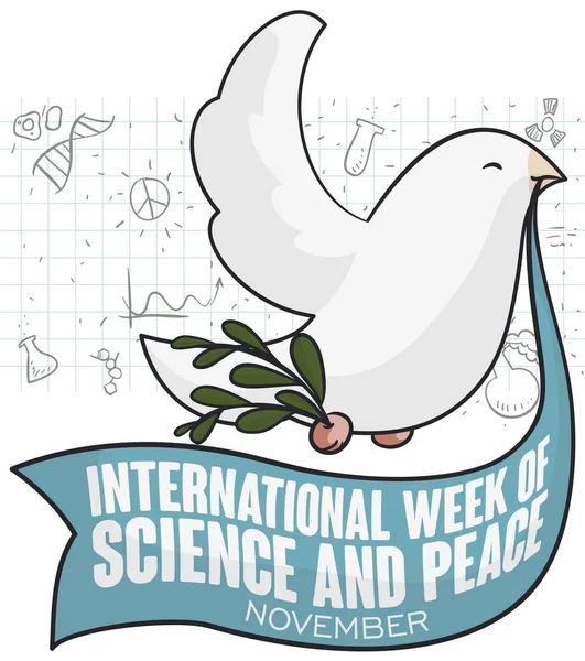 Happy dove with a greeting ribbon in its beak and holding a olive branch with its leg over a scientific doodle background to celebrate International Week of Science and Peace in November.