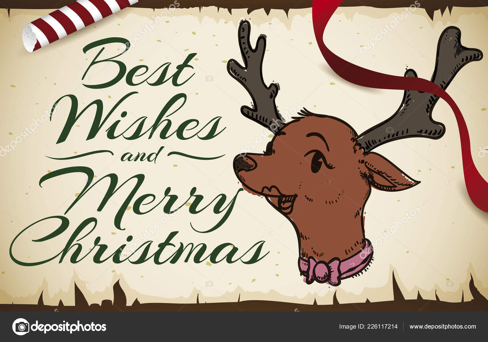 Elegant Female Reindeer Hand Drawn Style Scroll Christmas Greetings ...