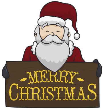 Mutlu Noel Baba geleneksel elbiseler giymiş Noel olayı için altın harflerle ahşap bir işaret tutan.