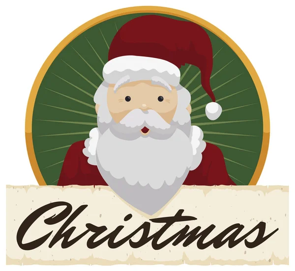 Überrascht Weihnachtsmann Einem Festlichen Runden Knopf Und Gruß Schriftrolle Weihnachten — Stockvektor