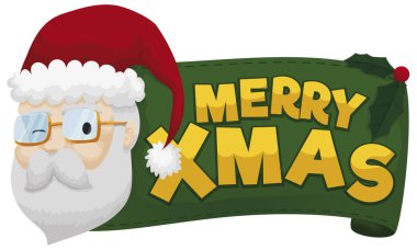 Sevimli Noel Baba sana selam göz kırpma holly ile süslenmiş kumaş tebrik bir yeşil ile yapıyor bırakır ve Noel kutlamaları için berry.