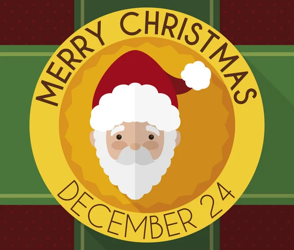 Botón de Navidad con diseño de Papá Noel, cintas y papel de regalo, ilustración vectorial — Vector de stock