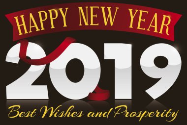 Greeting design decorated with streamer and a ribbon wishing at you best wishes and prosperity in the next year 2019. clipart