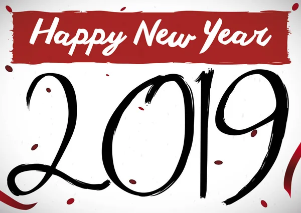 紙吹雪 のぼり 2019年新年祝賀のため筆とグリーティング カード — ストックベクタ