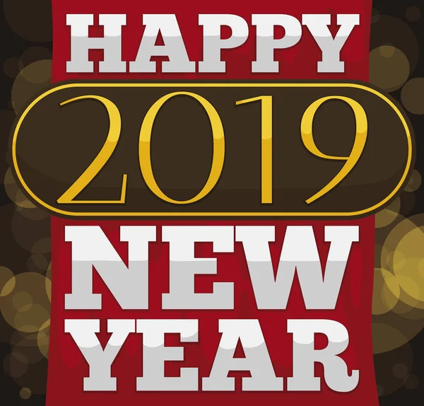 赤いカーテンと 2019年の挨拶で符号ボケ ライトと背景に新年のお祝い — ストックベクタ