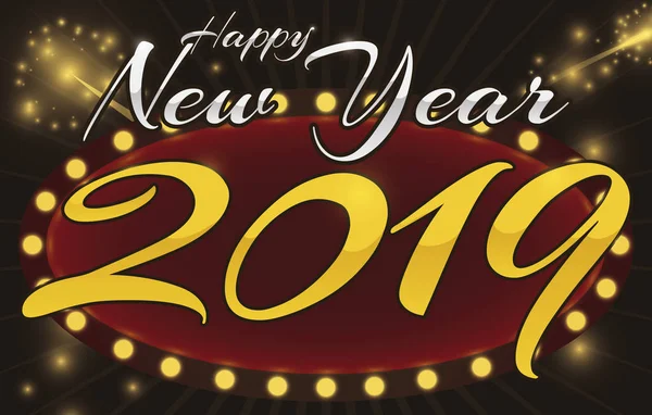 横幅以被照亮的标志与金黄数字2019年在烟花展示 促进愉快的新年庆祝党 — 图库矢量图片