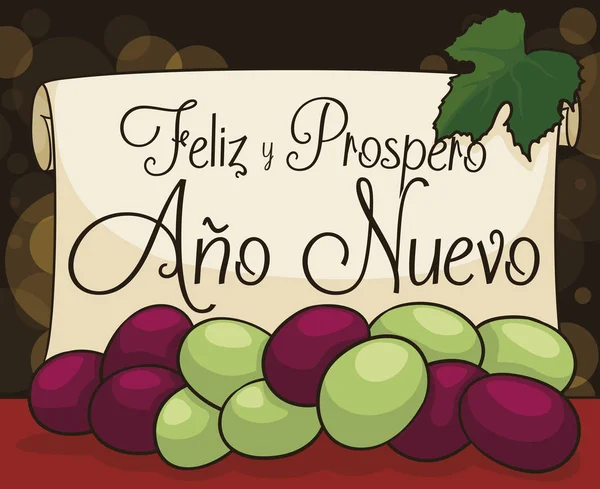 Groet Scroll Een Tabel Met Heerlijke Druiven Volgens Colombiaanse Latijns — Stockvector